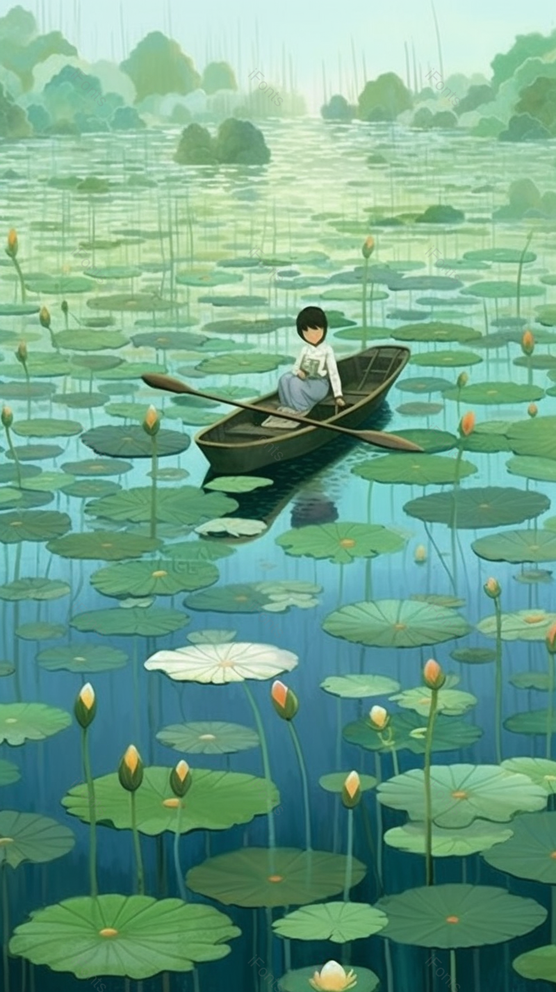 小清新绿色风格池塘里荷叶中的划船的人,插画/手绘图,插画/手绘图库,插画/手绘图下载,插画/手绘